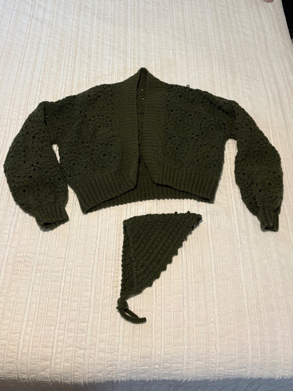 Handmade Granny Square Crop Crochet Cardigan SET With Head Scarf